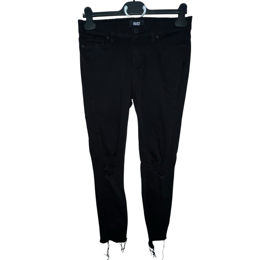 PAIGE Verdugo Crop Jeans Women 29 Black Good Distressed Ripped Knee Skinny Pant